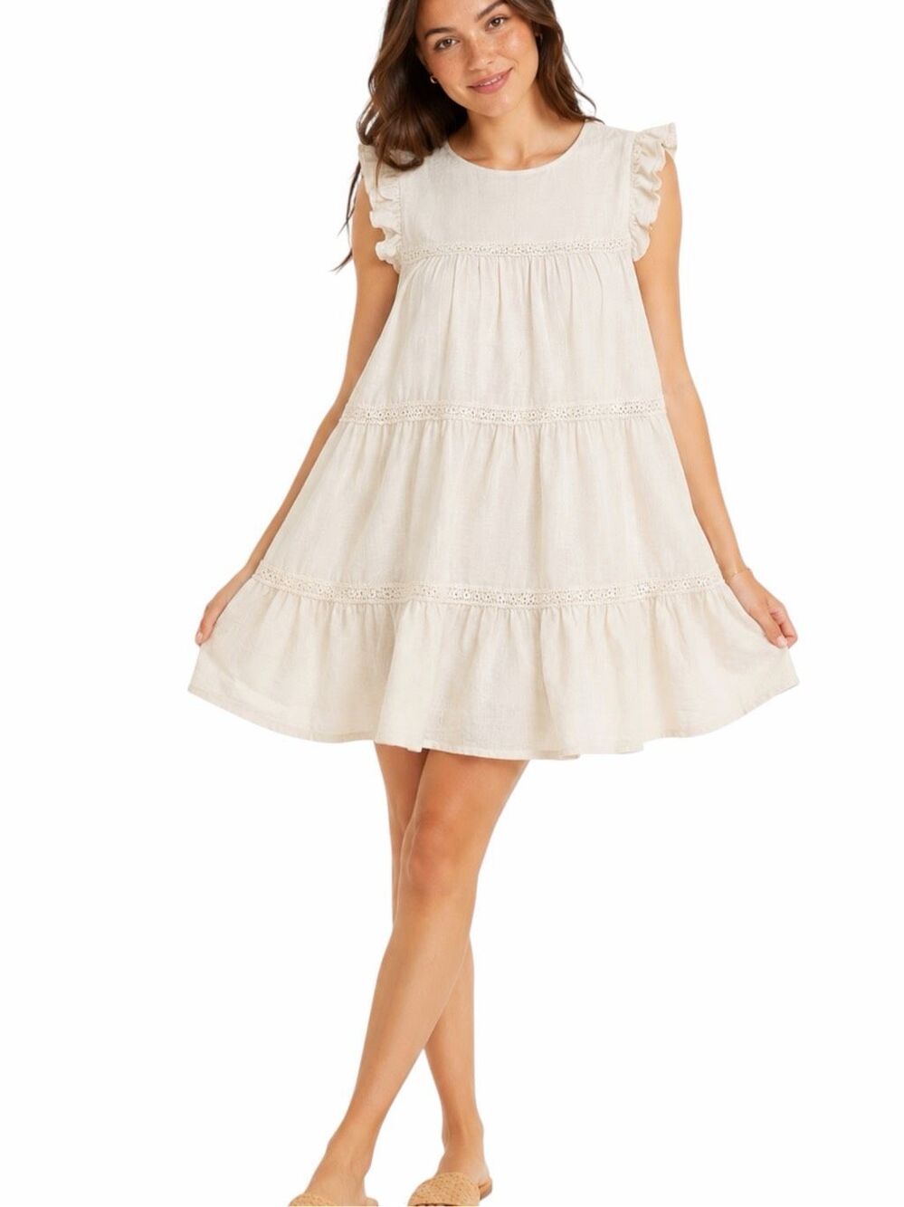 ALTAR’D STATE Tiered Babydoll Ruffle Sleeve Lace Trim Dress Ivory Small
